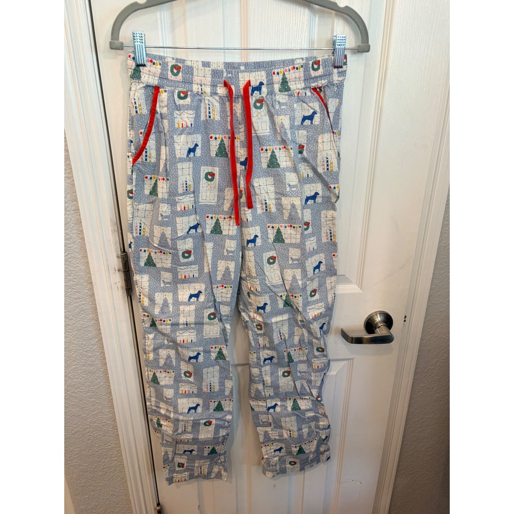 Boden Pajama Pants Blue Christmas Dog Tree Print Cotton Lounge Sleepwear XS